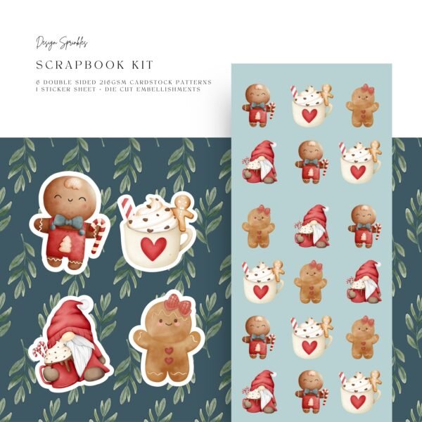 Holiday Scrapbook Kit - Gingerbread Pattern Cardstock, Stickers, and Die Cuts