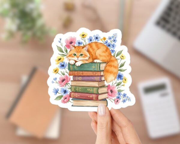 Cute Orange Tabby Cat Book Sticker for Kindle Readers, Laptops, Journals, and Party Favors