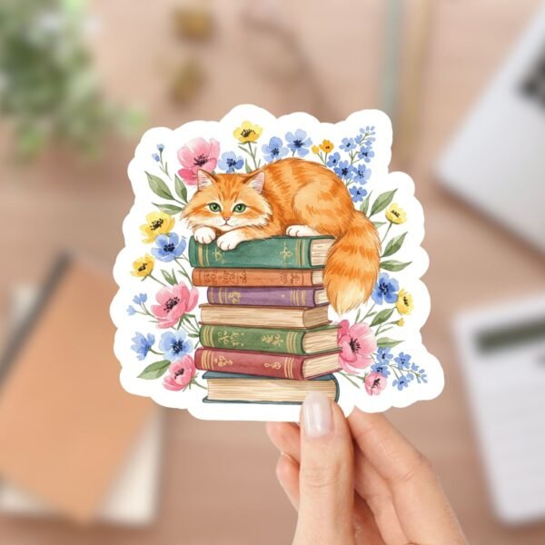 Cute Orange Tabby Cat Book Sticker for Kindle Readers, Laptops, Journals, and Party Favors