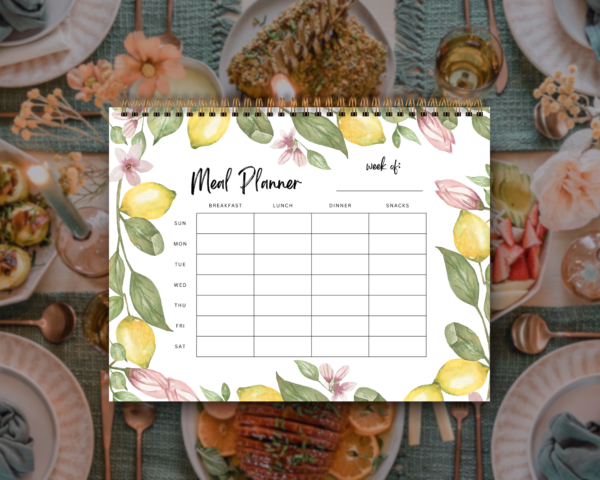 Spiral Meal Planner Notebook with 52 Weeks, Meal Prep & Tracker with Lemon Blossoms