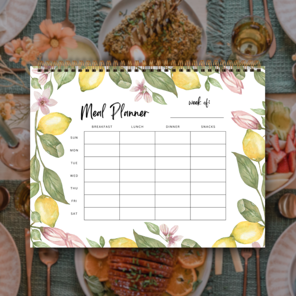 Spiral Meal Planner Notebook with 52 Weeks, Meal Prep & Tracker with Lemon Blossoms