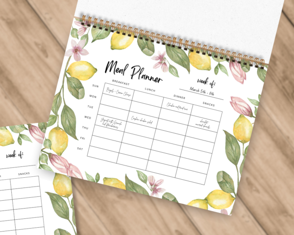 Spiral Meal Planner Notebook with 52 Weeks, Meal Prep & Tracker with Lemon Blossoms