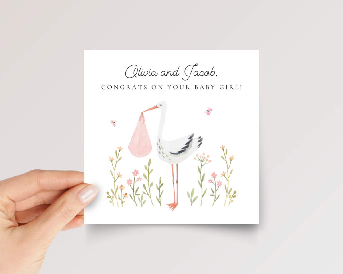 Personalized Baby Shower Card for Newborn Girl Parents, Square Greeting Card and White Envelope
