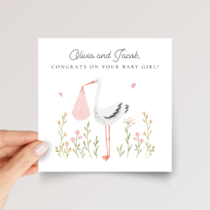 Personalized Baby Shower Card for Newborn Girl Parents, Square Greeting Card and White Envelope