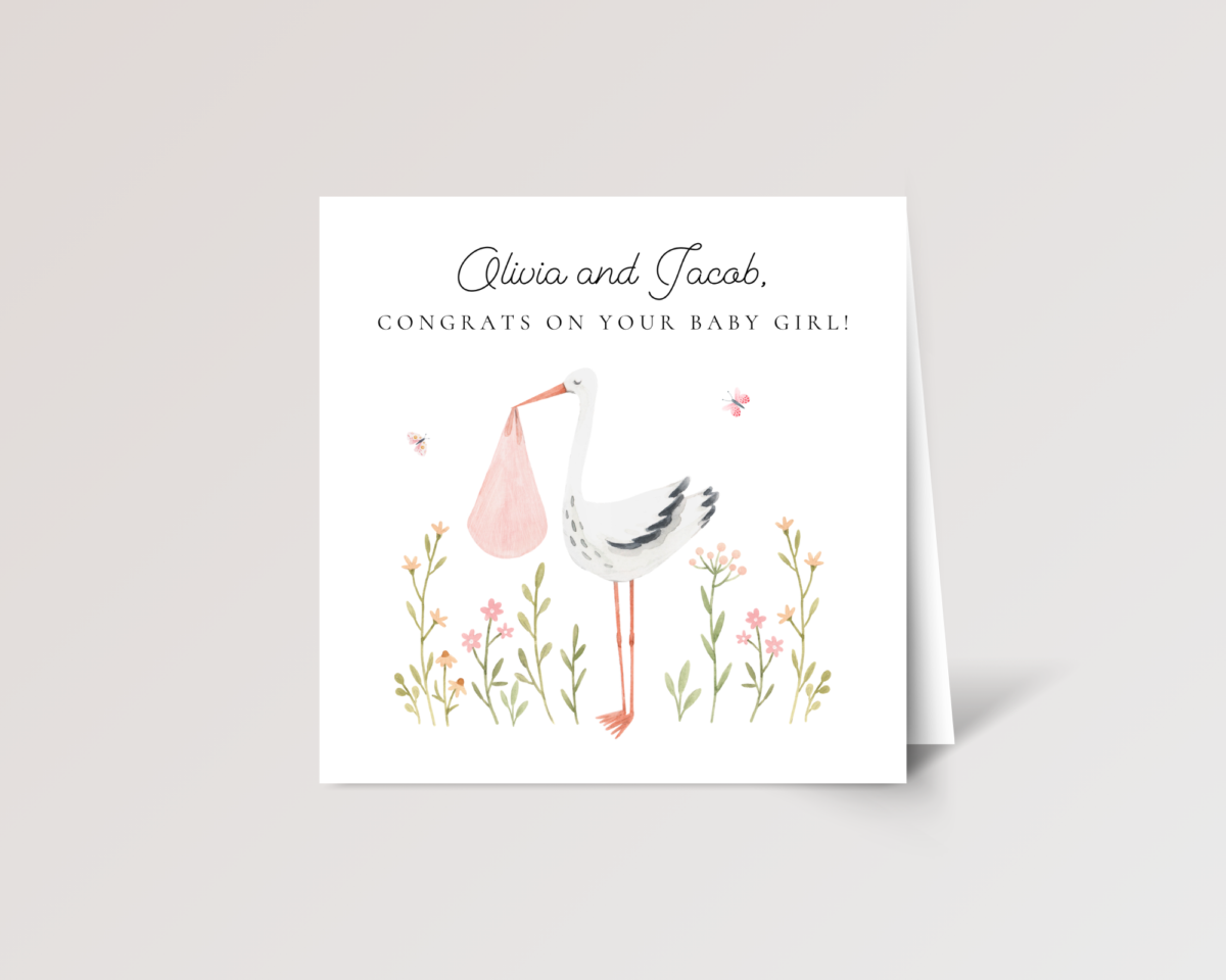Personalized Baby Shower Card for Newborn Girl Parents, Square Greeting Card and White Envelope