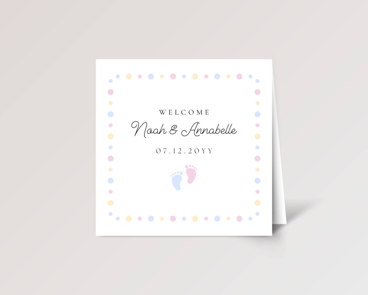 Personalized Twin Baby Shower Card with Pink and Blue Footprints, Square Greeting Card for Parents of Multiples
