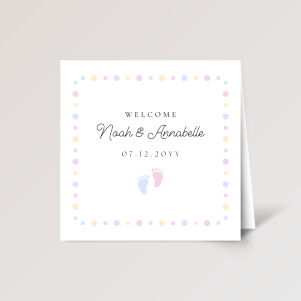 Personalized Twin Baby Shower Card with Pink and Blue Footprints, Square Greeting Card for Parents of Multiples