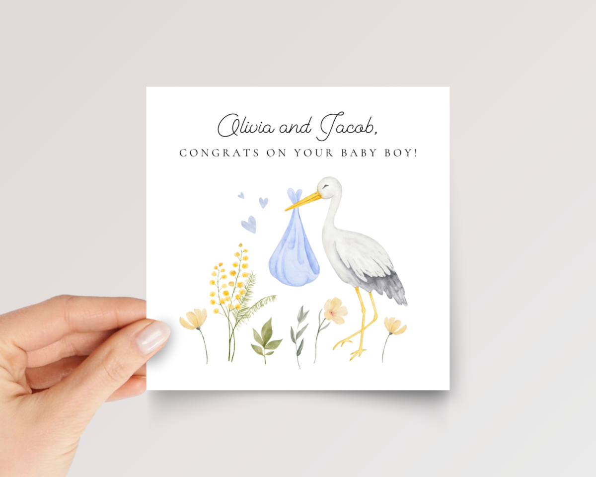 Personalized Baby Shower Card with Stork for Parents of Newborn Boy, 5 x 7 Greeting Card and White Envelope