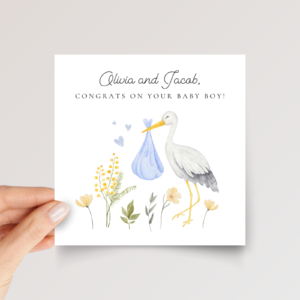 Personalized Baby Shower Card with Stork for Parents of Newborn Boy, 5 x 7 Greeting Card and White Envelope