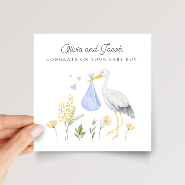 Personalized Baby Shower Card with Stork for Parents of Newborn Boy, 5 x 7 Greeting Card and White Envelope