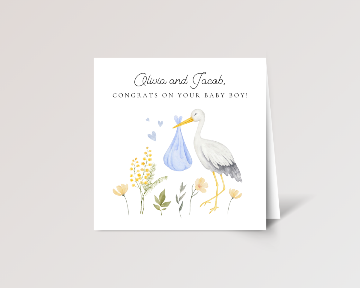 Personalized Baby Shower Card with Stork for Parents of Newborn Boy, 5 x 7 Greeting Card and White Envelope