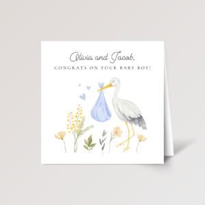 Personalized Baby Shower Card with Stork for Parents of Newborn Boy, 5 x 7 Greeting Card and White Envelope