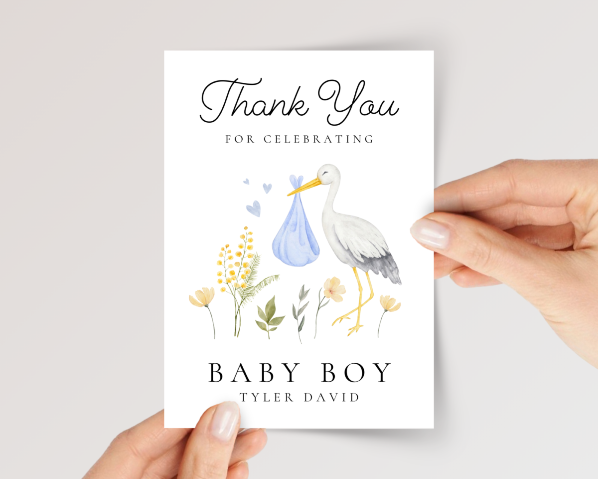 Personalized Baby Shower Thank You Card for Newborn Boy with Stork, 5 x 7 Greeting Card and White Envelope