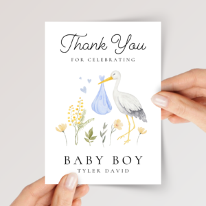 Personalized Baby Shower Thank You Card for Newborn Boy with Stork, 5 x 7 Greeting Card and White Envelope
