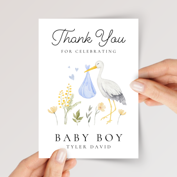 Personalized Baby Shower Thank You Card for Newborn Boy with Stork, 5 x 7 Greeting Card and White Envelope