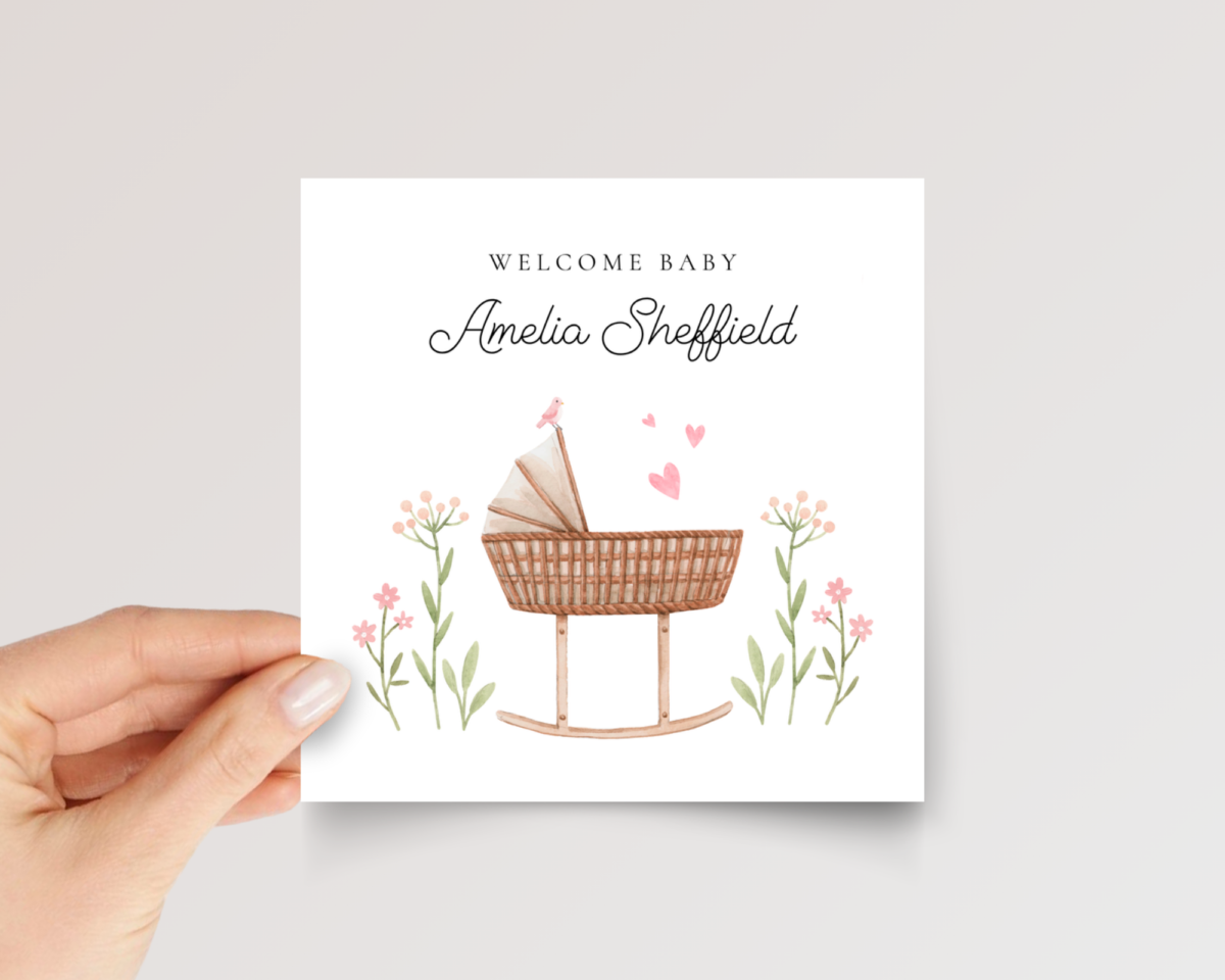 Personalized Baby Shower Card for Newborn Girl, 5 x 7 Greeting Card and White Envelope