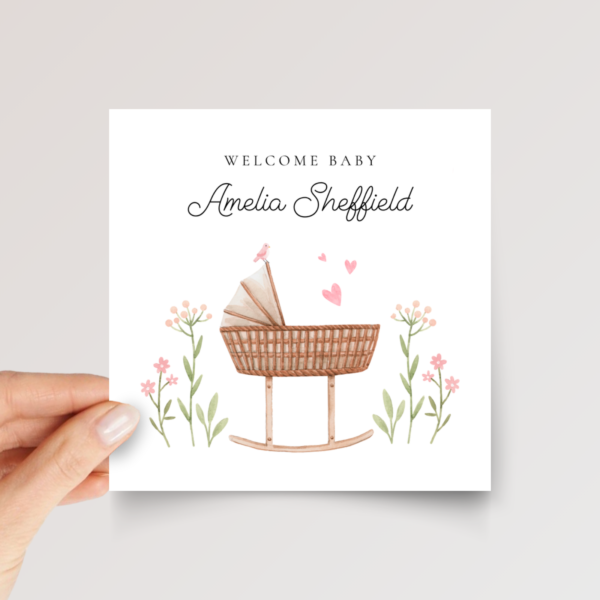Personalized Baby Shower Card for Newborn Girl, 5 x 7 Greeting Card and White Envelope