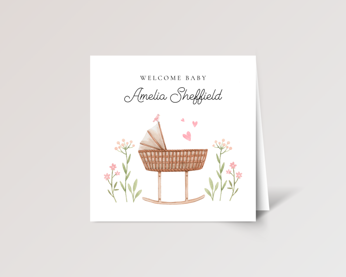 Personalized Baby Shower Card for Newborn Girl, 5 x 7 Greeting Card and White Envelope