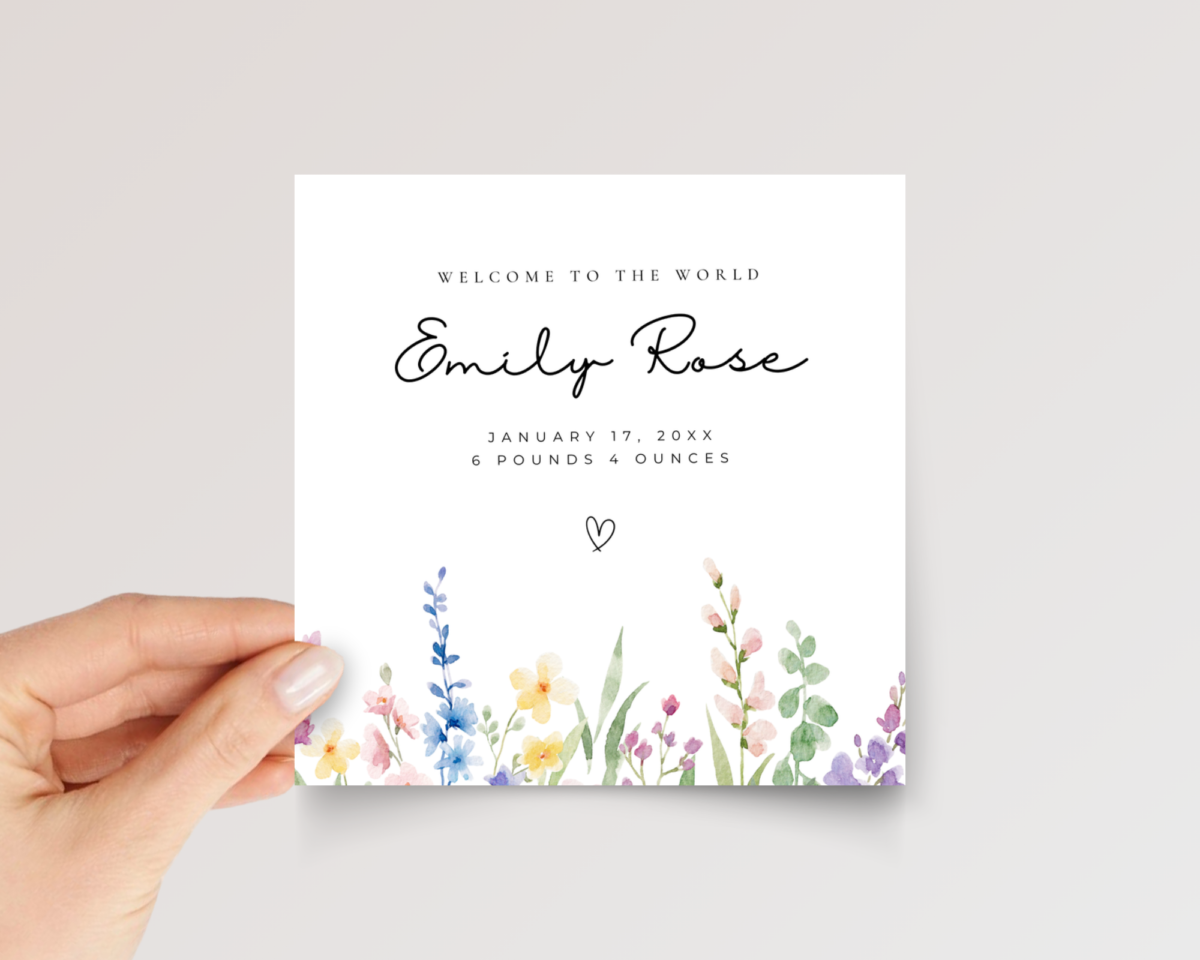 Personalized Baby Shower Card for Newborn Girl With Watercolor Wildflowers, Square Greeting Card and White Envelope