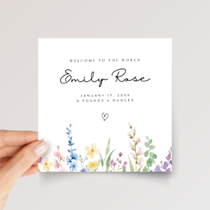 Personalized Baby Shower Card for Newborn Girl With Watercolor Wildflowers, Square Greeting Card and White Envelope