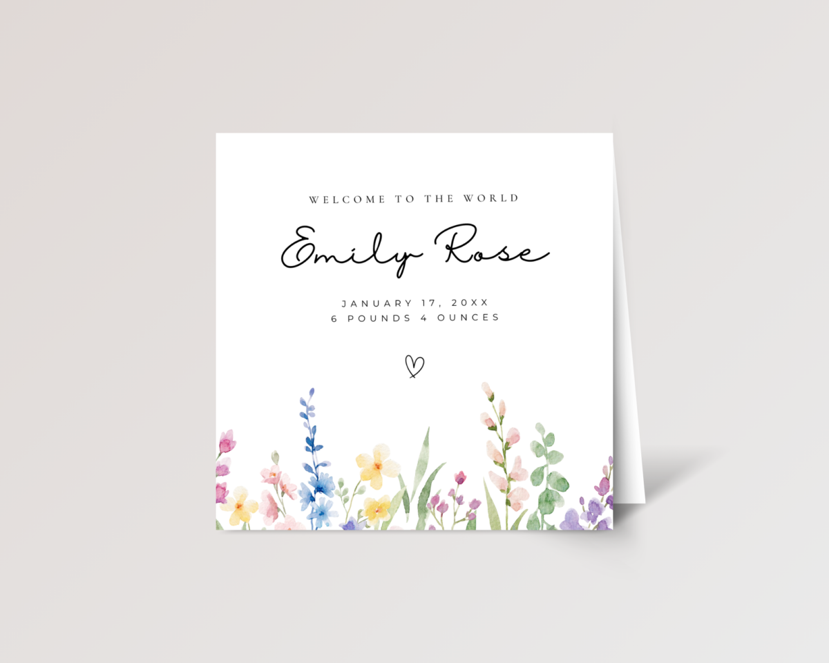 Personalized Baby Shower Card for Newborn Girl With Watercolor Wildflowers, Square Greeting Card and White Envelope