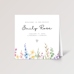 Personalized Baby Shower Card for Newborn Girl With Watercolor Wildflowers, Square Greeting Card and White Envelope