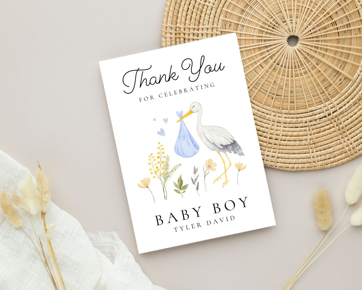 Personalized Baby Shower Thank You Card for Newborn Boy with Stork, 5 x 7 Greeting Card and White Envelope