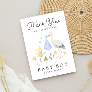 Personalized Baby Shower Thank You Card for Newborn Boy with Stork, 5 x 7 Greeting Card and White Envelope
