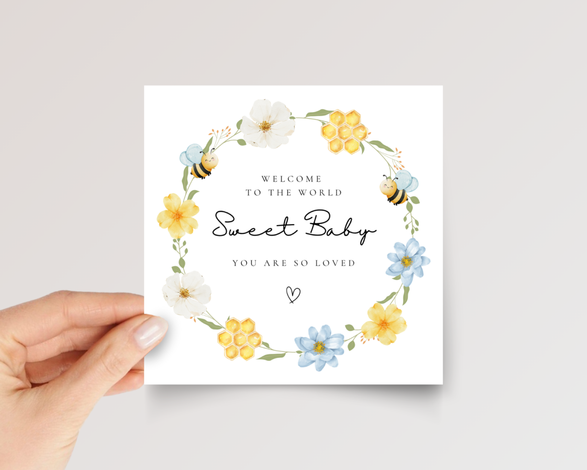 Baby Shower Card with Blue Floral Wreath and Baby Bees, Square Greeting Card for New Parents