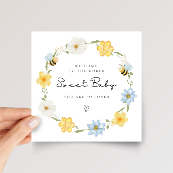 Baby Shower Card with Blue Floral Wreath and Baby Bees, Square Greeting Card for New Parents