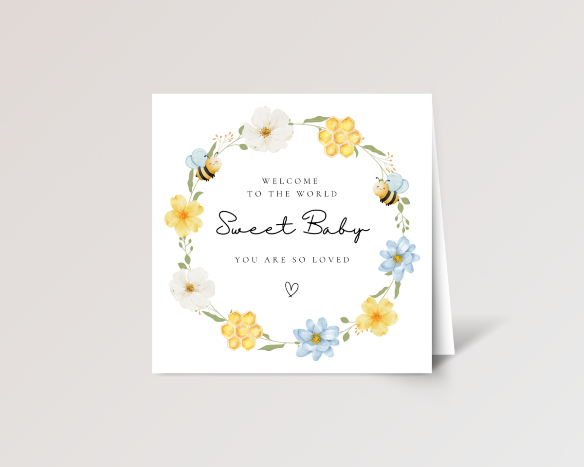 Baby Shower Card with Blue Floral Wreath and Baby Bees, Square Greeting Card for New Parents