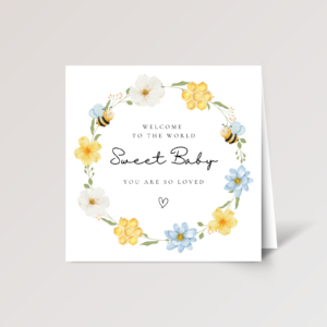 Baby Shower Card with Blue Floral Wreath and Baby Bees, Square Greeting Card for New Parents