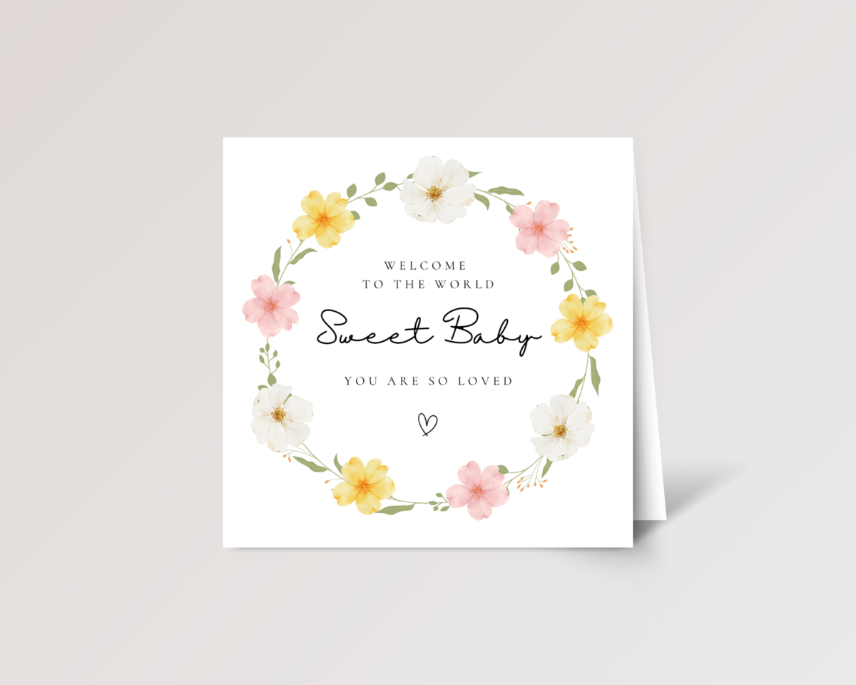 Floral Baby Shower Card for Newborn Girl With Wreath, Square Greeting Card for New Parents