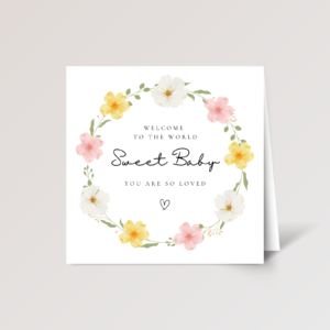 Floral Baby Shower Card for Newborn Girl With Wreath, Square Greeting Card for New Parents