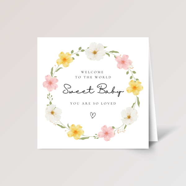 Floral Baby Shower Card for Newborn Girl With Wreath, Square Greeting Card for New Parents