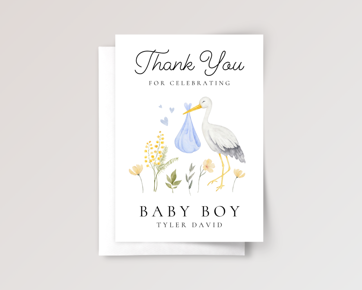 Personalized Baby Shower Thank You Card for Newborn Boy with Stork, 5 x 7 Greeting Card and White Envelope