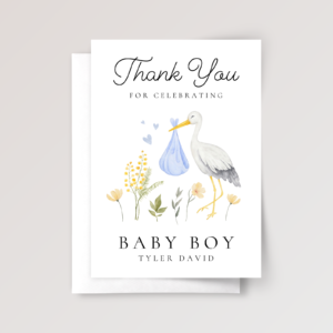Personalized Baby Shower Thank You Card for Newborn Boy with Stork, 5 x 7 Greeting Card and White Envelope