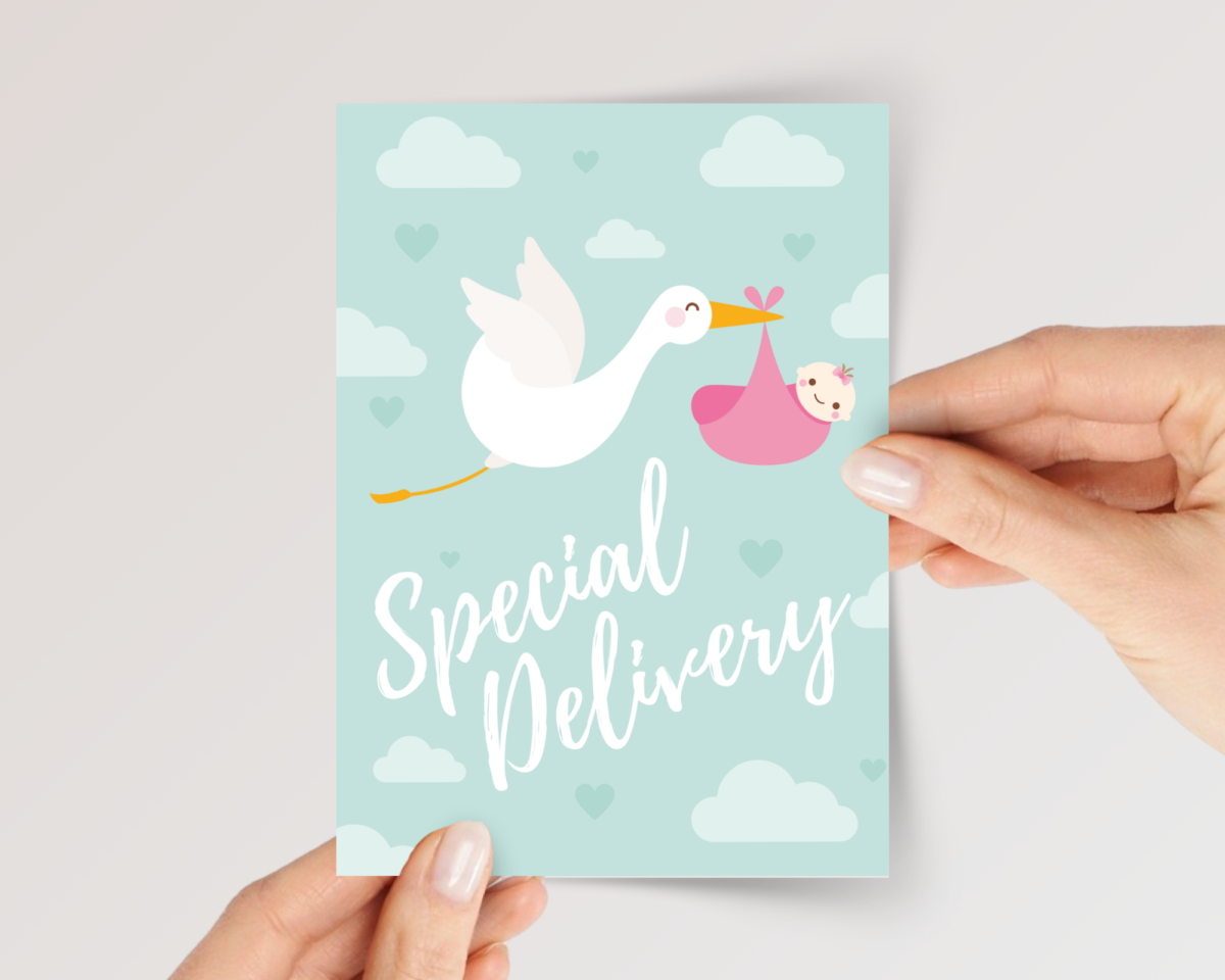 Special Delivery Baby Shower Card for Newborn Girl, 5 x 7 Greeting Card and White Envelope