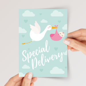 Special Delivery Baby Shower Card for Newborn Girl, 5 x 7 Greeting Card and White Envelope