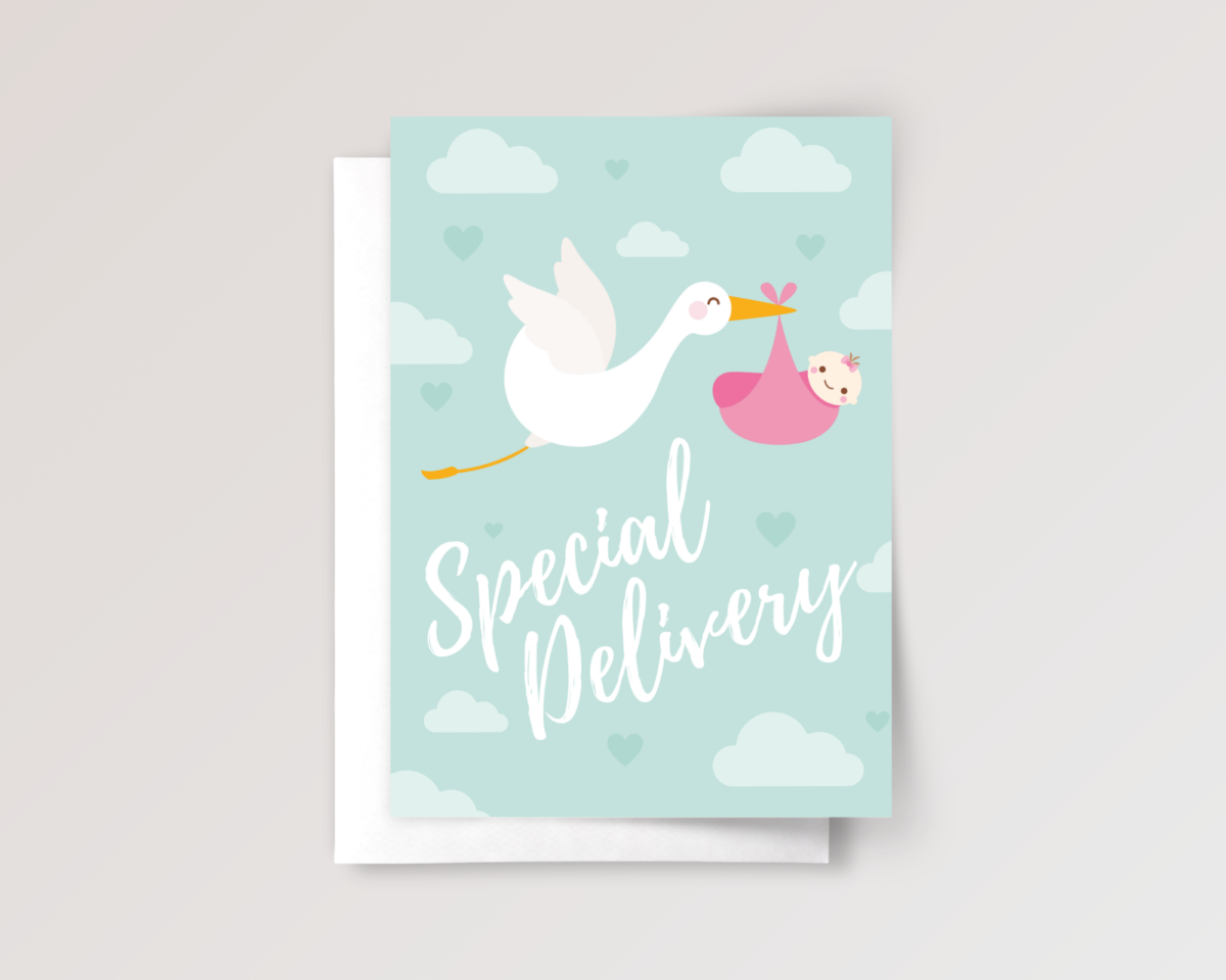 Special Delivery Baby Shower Card for Newborn Girl, 5 x 7 Greeting Card and White Envelope