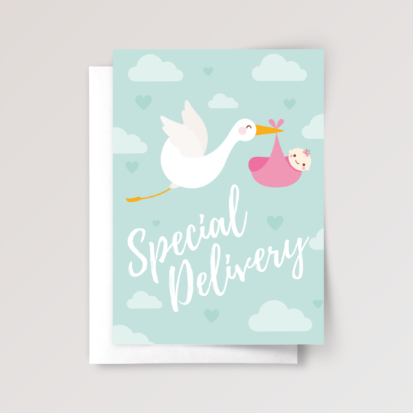 Special Delivery Baby Shower Card for Newborn Girl, 5 x 7 Greeting Card and White Envelope