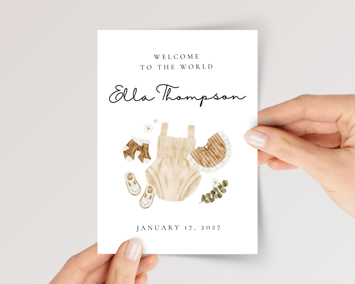 Personalized Baby Shower Card with Newborn Girl Clothes, 5 x 7 Greeting Card and White Envelope