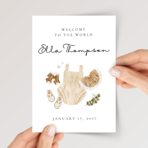 Personalized Baby Shower Card with Newborn Girl Clothes, 5 x 7 Greeting Card and White Envelope