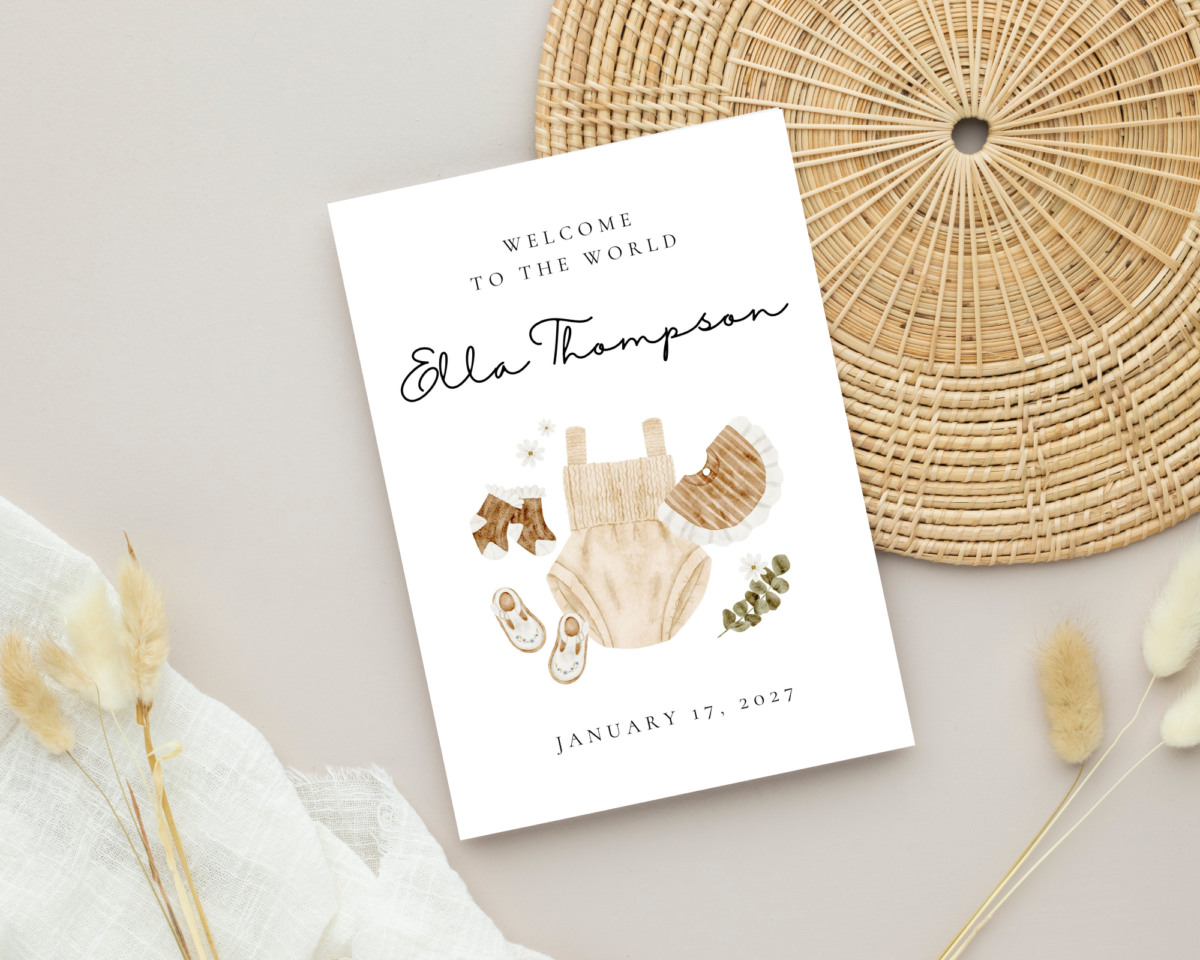 Personalized Baby Shower Card with Newborn Girl Clothes, 5 x 7 Greeting Card and White Envelope