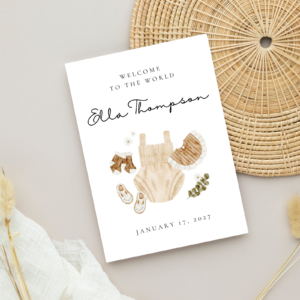 Personalized Baby Shower Card with Newborn Girl Clothes, 5 x 7 Greeting Card and White Envelope