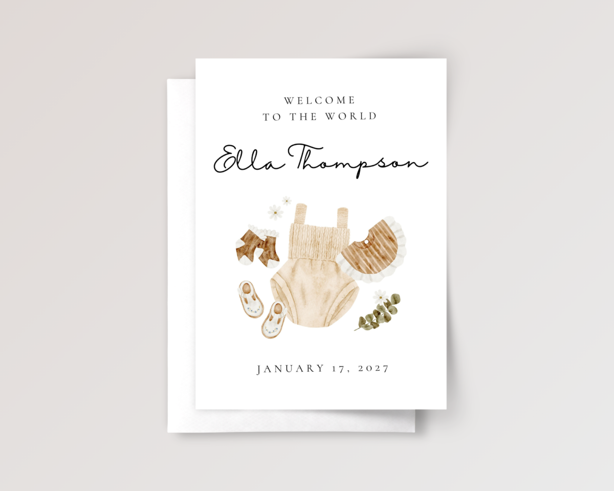 Personalized Baby Shower Card with Newborn Girl Clothes, 5 x 7 Greeting Card and White Envelope