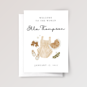 Personalized Baby Shower Card with Newborn Girl Clothes, 5 x 7 Greeting Card and White Envelope