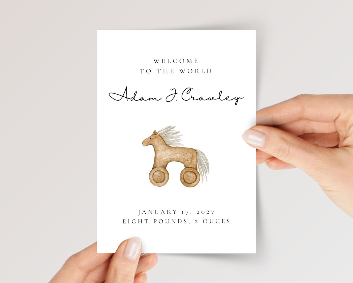 Personalized Baby Shower Card with Vintage Rocking Horse, 5 x 7 Greeting Card and White Envelope