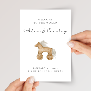 Personalized Baby Shower Card with Vintage Rocking Horse, 5 x 7 Greeting Card and White Envelope