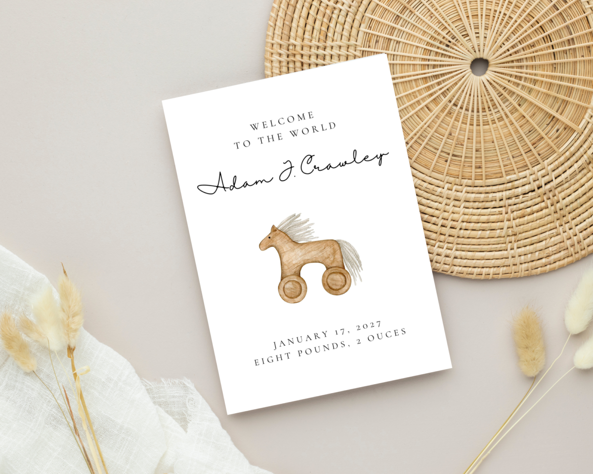 Personalized Baby Shower Card with Vintage Rocking Horse, 5 x 7 Greeting Card and White Envelope